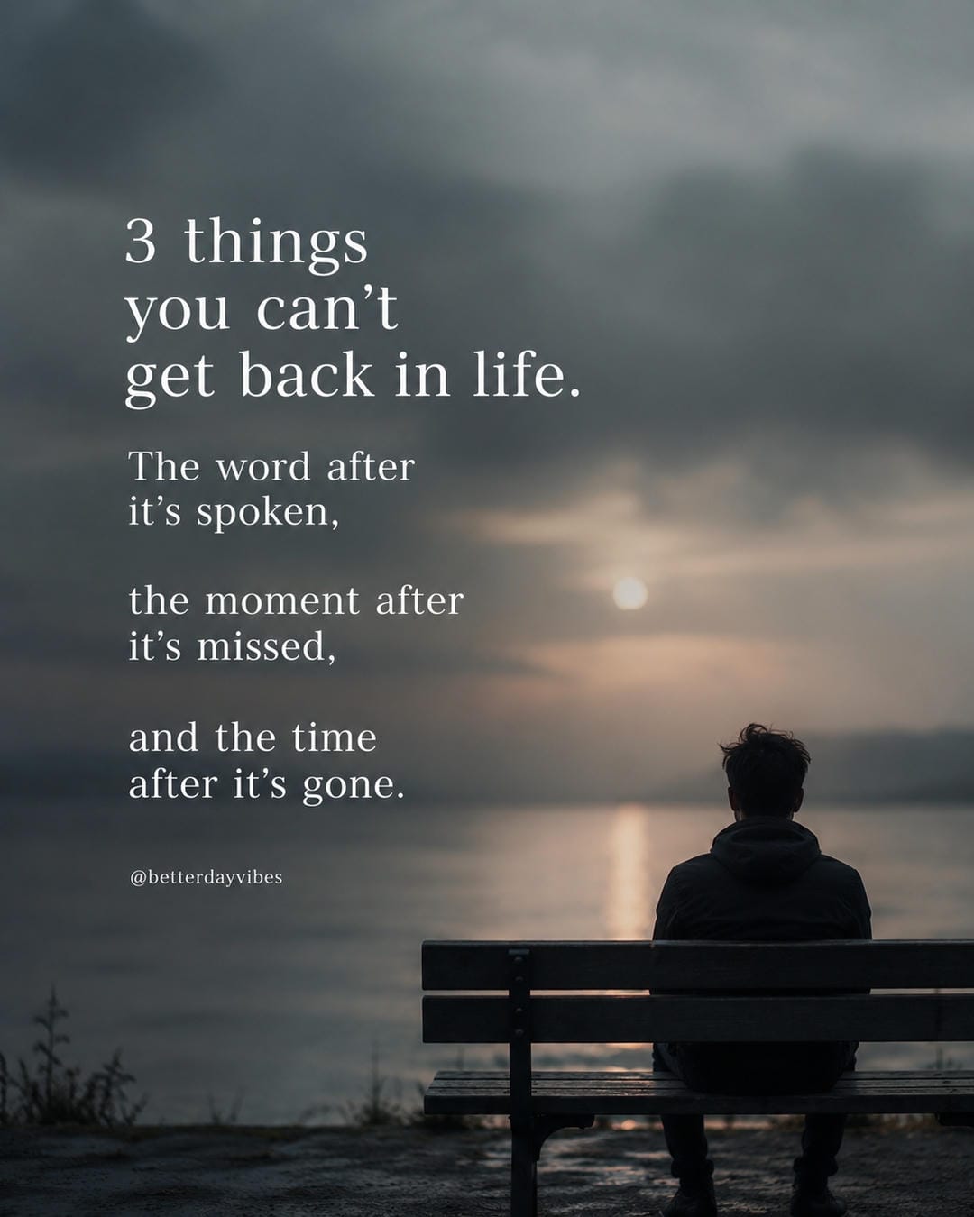 3 things you can't get back in life.The word after it's spoken,the moment after it's missed,and the time after it's gone