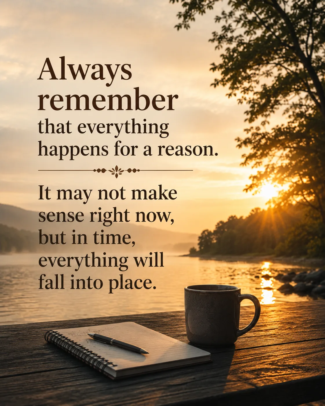 Always remember that everything happens for a reason. It may not make sense right now, but in time, everything will fall into place.