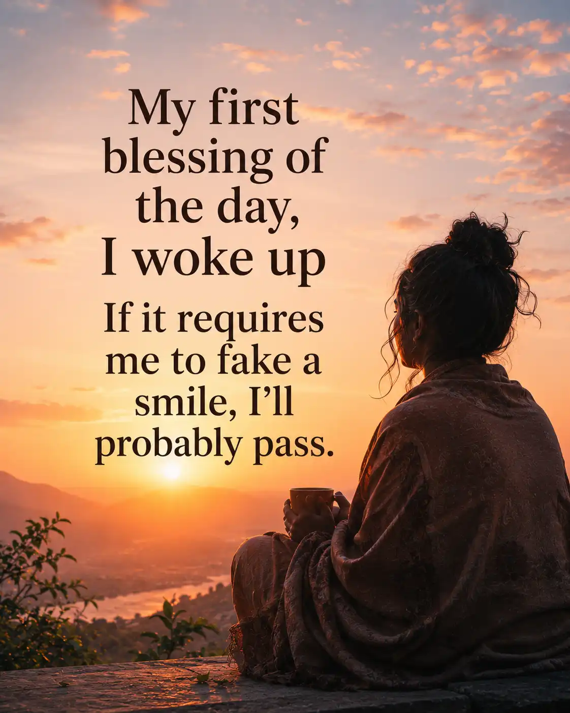 My first blessing of the day, I woke up. If it requires me to fake a smile, I'll probably pass.