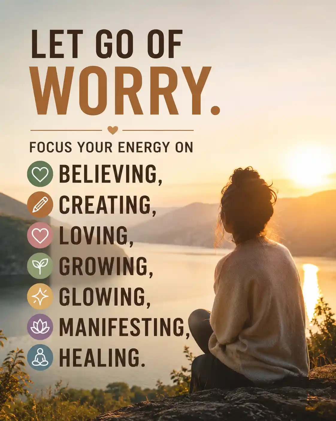 Let go of worry. Focus your energy on believing, creating, loving, growing, glowing, manifesting, and healing
