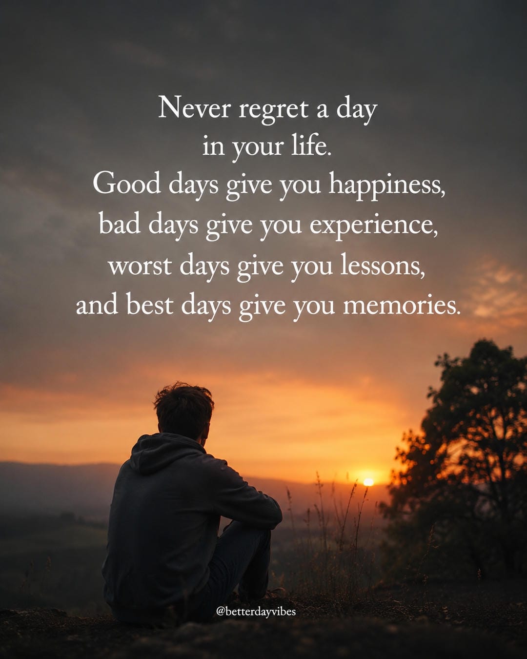 Never regret a day in your life. Good days give you happiness, bad days give you experience, worst days give you lessons, and best days give you memories