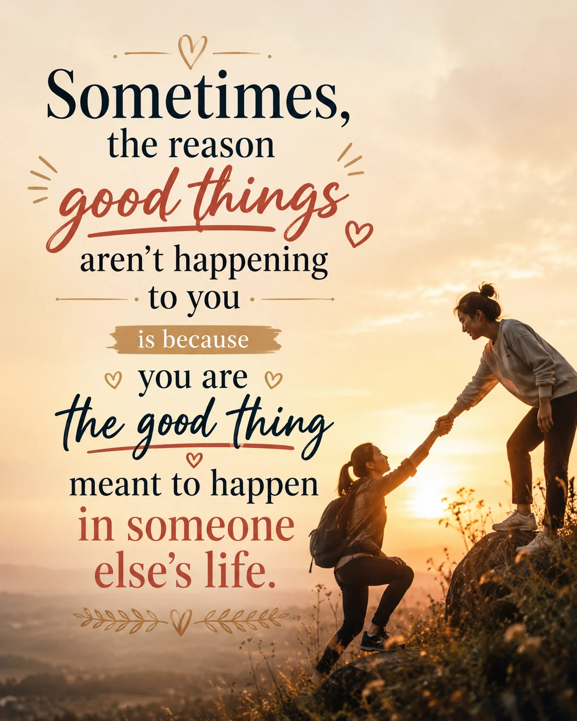 Sometimes, the reason good things aren't happening to you is because you are the good thing meant to happen in someone else's life.