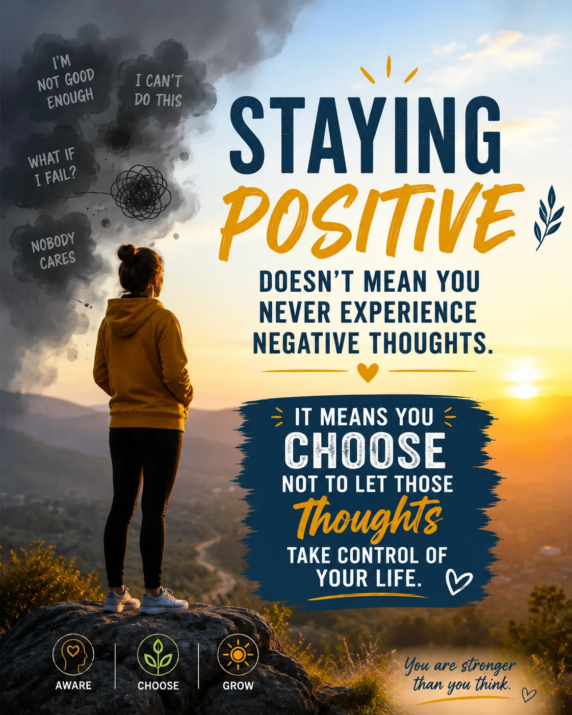 Staying positive doesn't mean you never experience negative thoughts. It means you choose not to let those thoughts take control of your life
