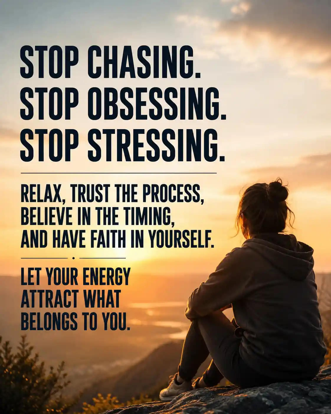 Stop chasing. Stop obsessing. Stop stressing. Relax, trust the process, believe in the timing, and have faith in yourself. Let your energy attract what belongs to you