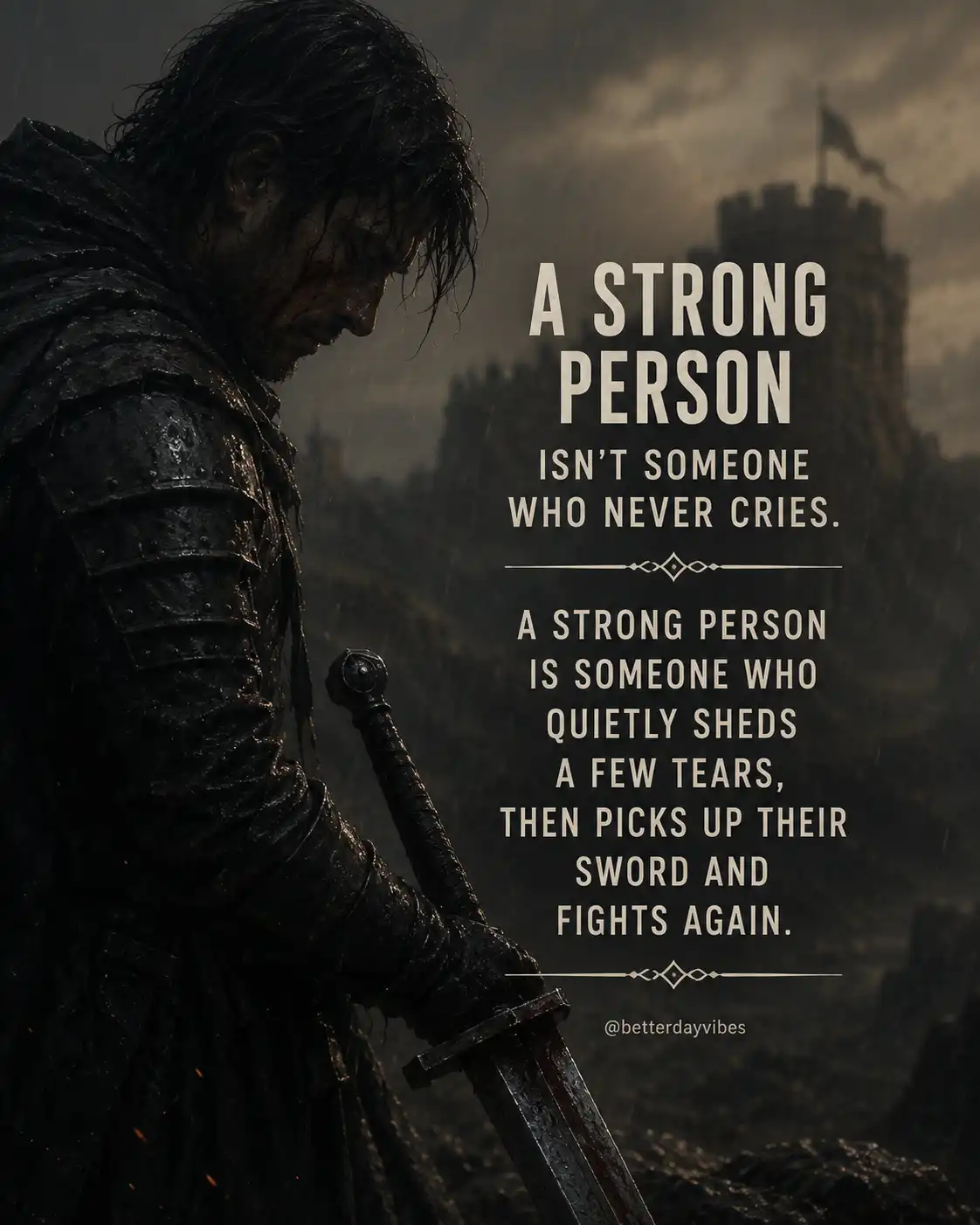 A strong person isn't someone who never cries. A strong person is someone who quietly sheds a few tears, then picks up their sword and fights again.