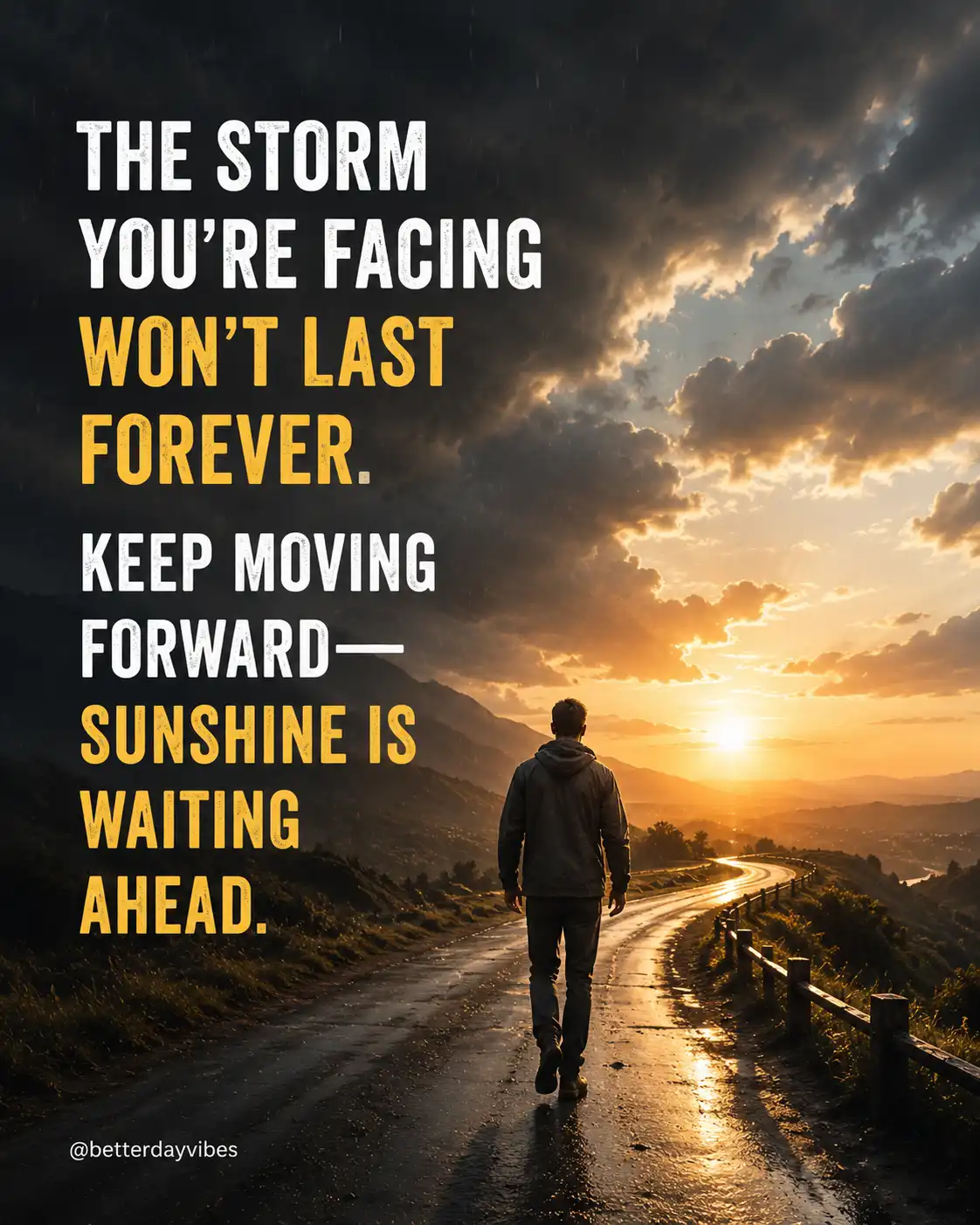The storm you're facing won't last forever. Keep moving forward. Sunshine is waiting ahead.