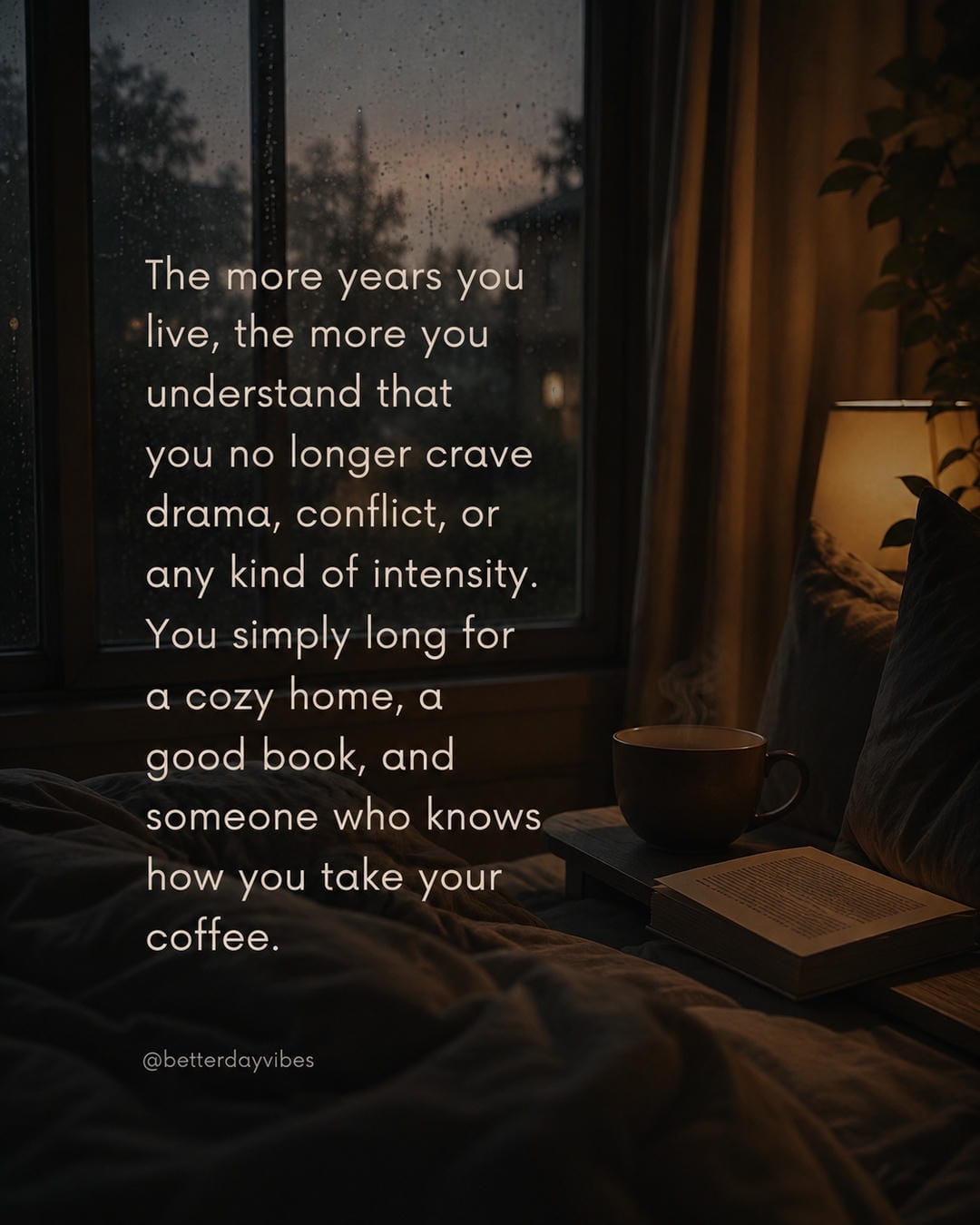 The more years you live, the more you understand that you no longer crave drama, conflict, or any kind of intensity. you simply long for a cozy home, a good book, and someone who knows how you take your coffee
